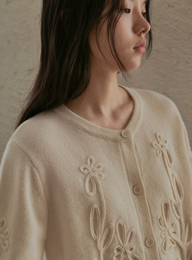 时简 复古风情 欧式浪漫提花花朵毛衣 圆领单排扣羊毛上衣潮02083