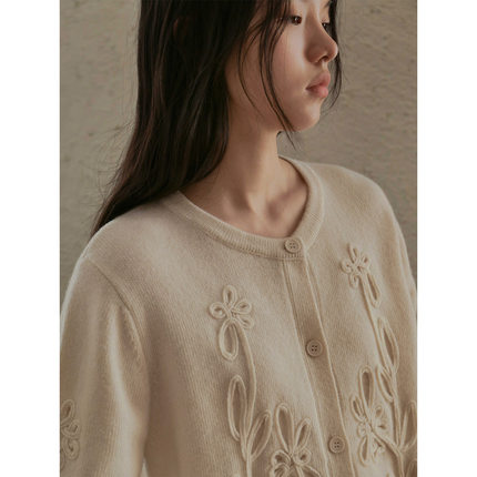时简 复古风情 欧式浪漫提花花朵毛衣 圆领单排扣羊毛上衣潮02083