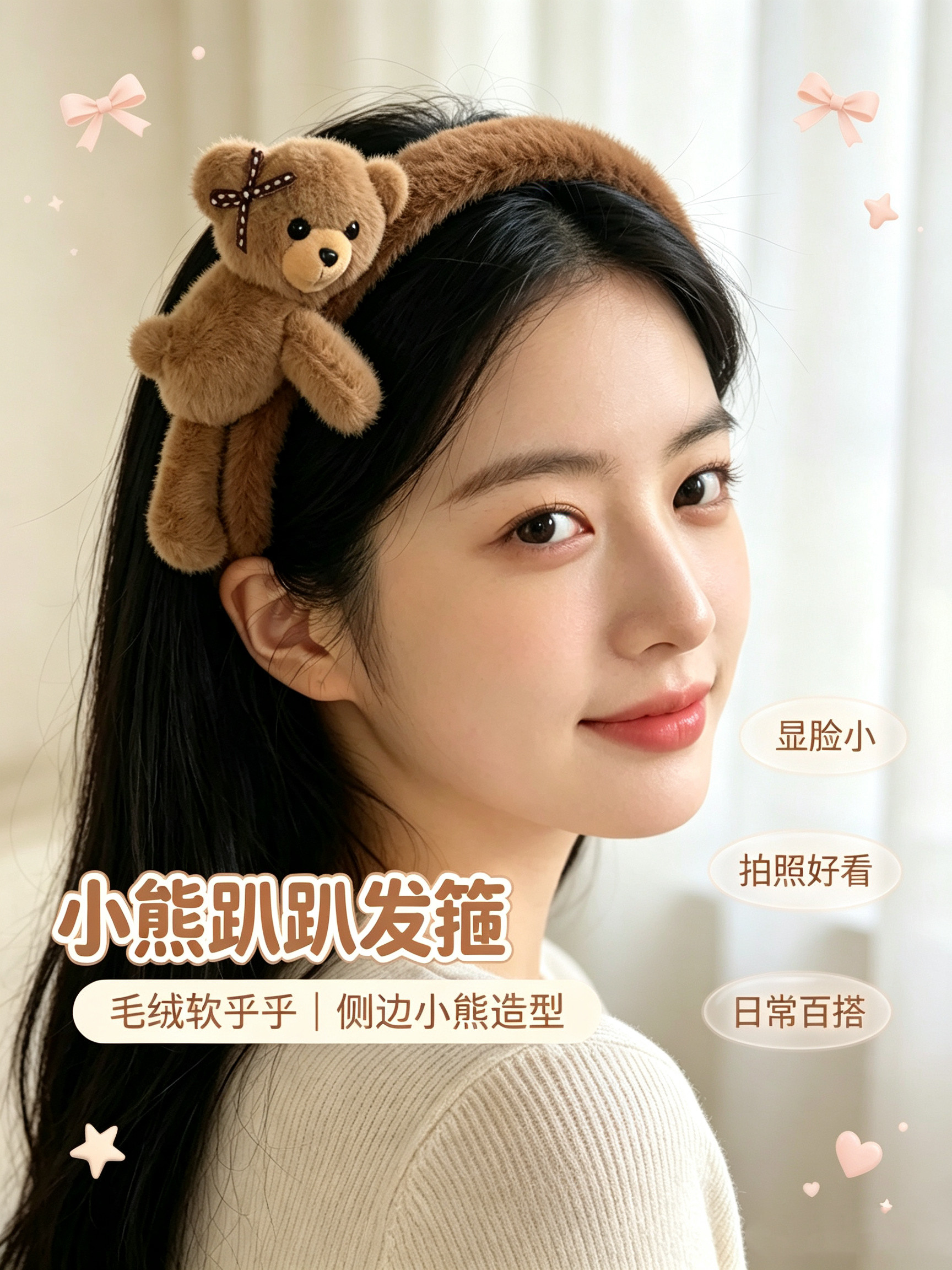 趴趴小熊毛绒发箍女侧边公仔头箍耳套