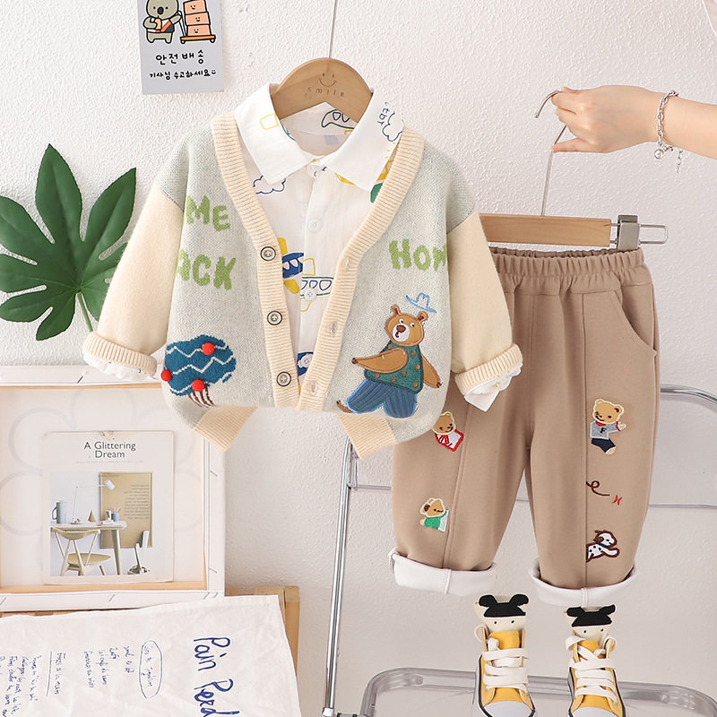 男童秋装套装2024新款儿童韩版春秋衣服宝宝毛衣开衫长袖三件套潮