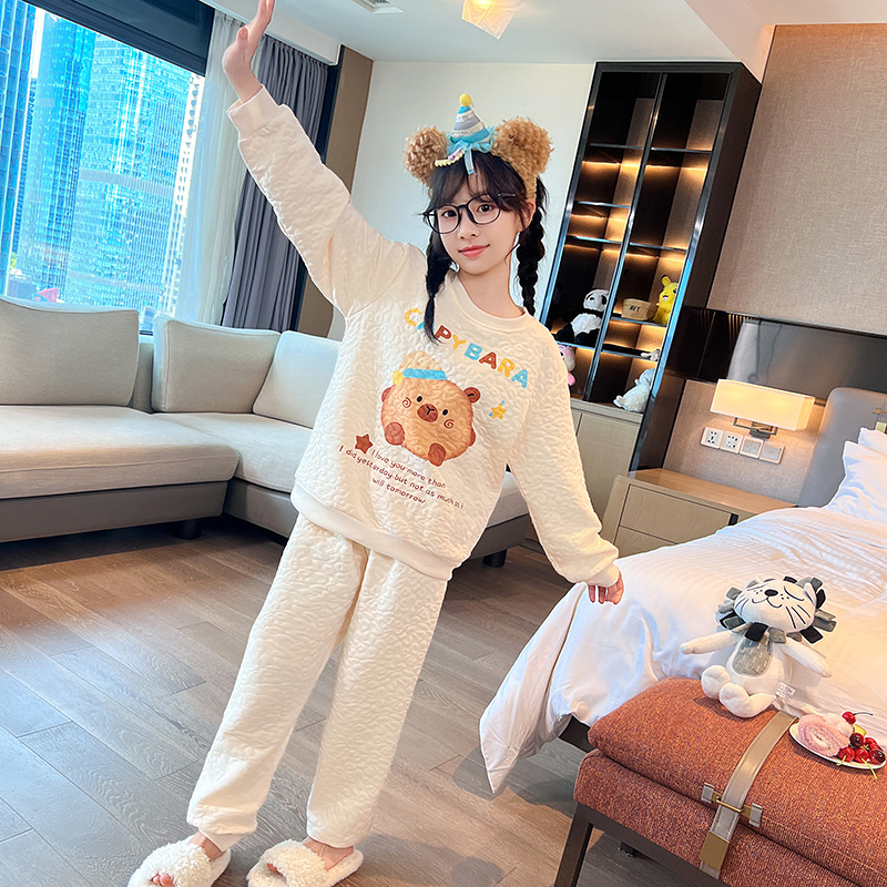 秋冬季可爱女童儿童卡通圆领睡衣亲子装女孩长袖家居服休闲两件套