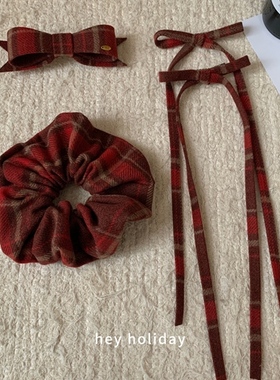 红色格子大肠发圈时尚百搭学院风蝴蝶结发夹高级感刘海夹