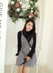 dbs秋冬 小香风名媛拼接类似千鸟格一粒扣背带外搭小众马甲连衣裙
