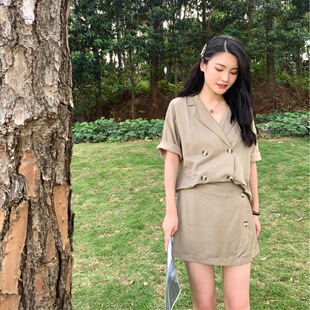 简约休闲纯色卷袖 小个子套装 纽扣不规则a字裙裤 V领西装 女 短袖 dbs