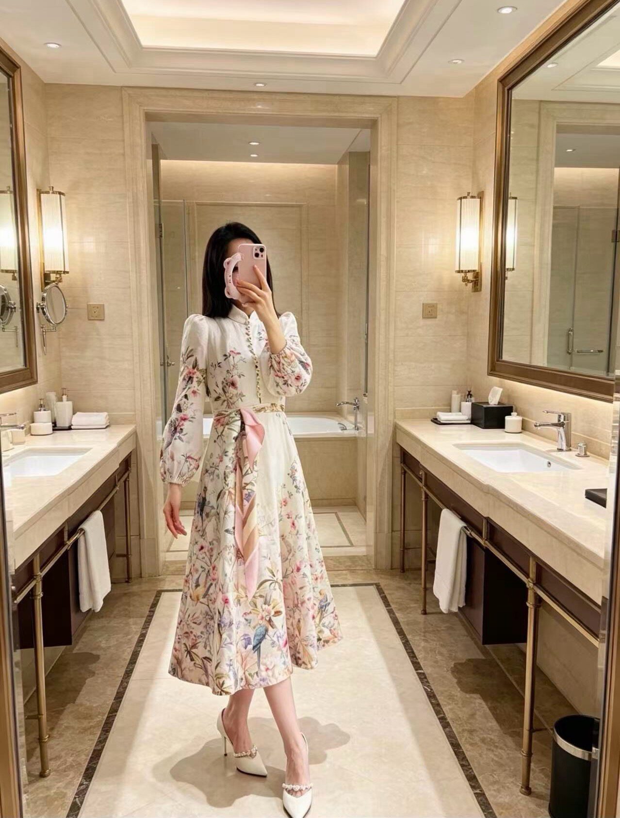 穿着ZM做个漂亮的女人！澳州亚麻印花灯笼袖系带收腰中长款连衣裙