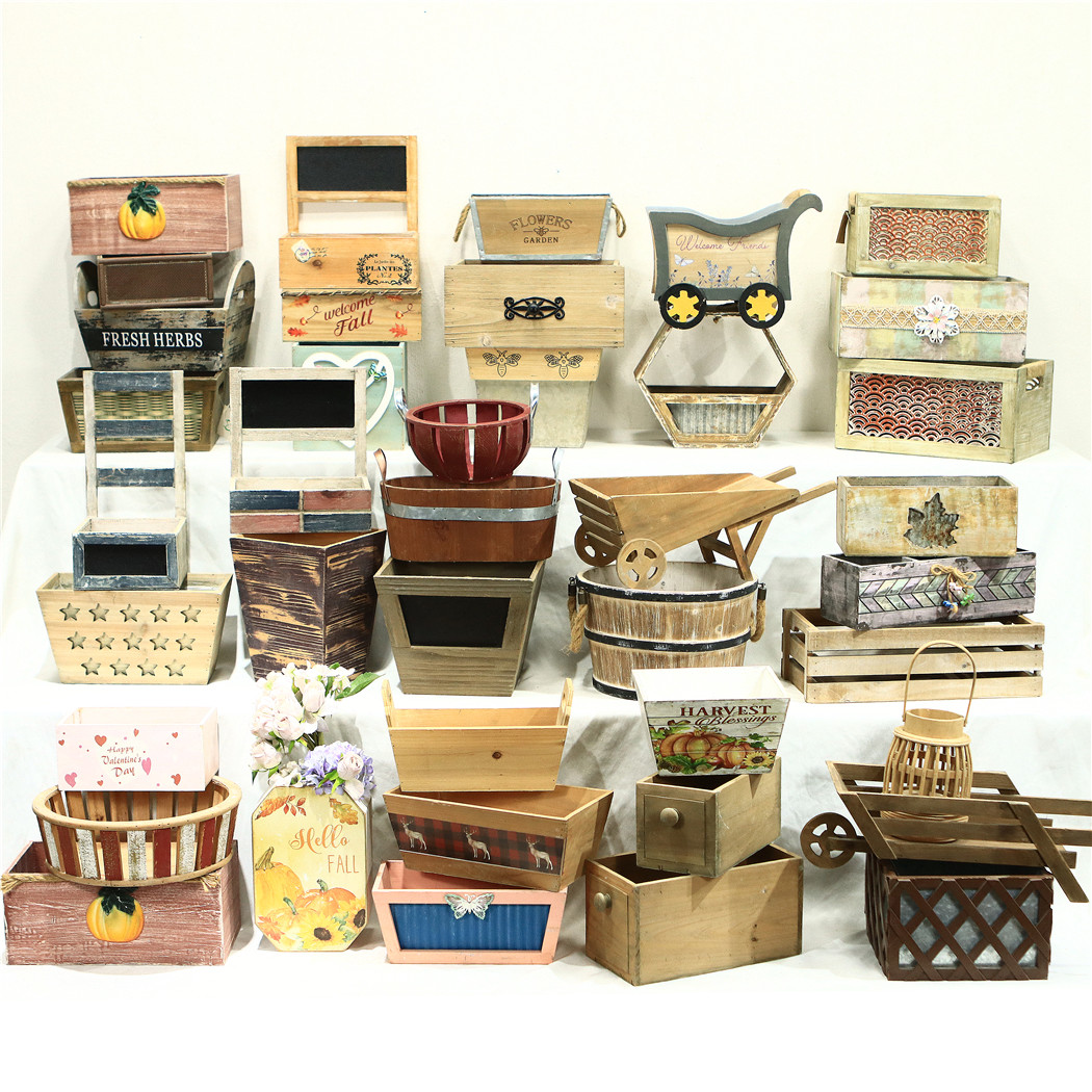 做旧实木花盆美式创意装饰复古