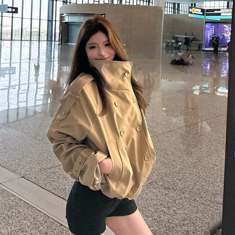 卡其色双排扣立领短款风衣外套女春秋季高级感小个子宽松休闲大衣