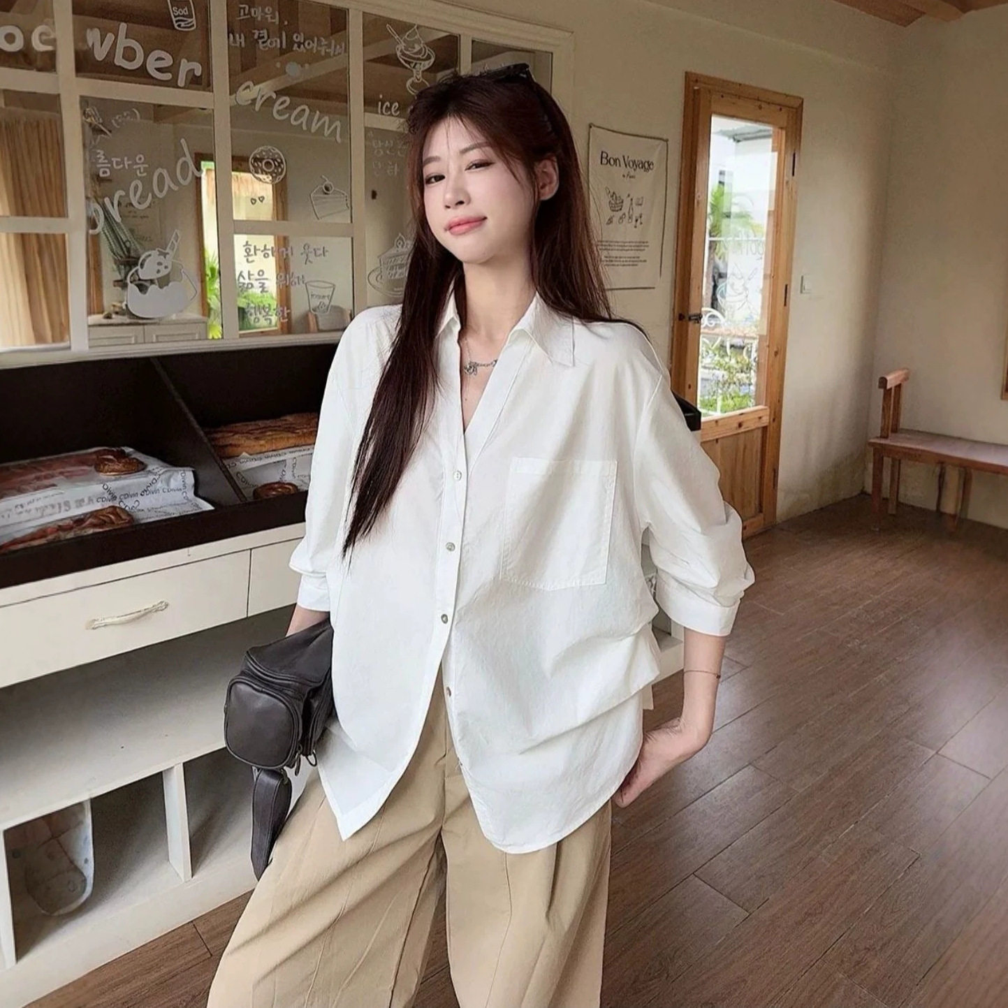 法式polo领气质白色衬衫女春夏设计感宽松抽褶收腰衬衣七分袖上衣