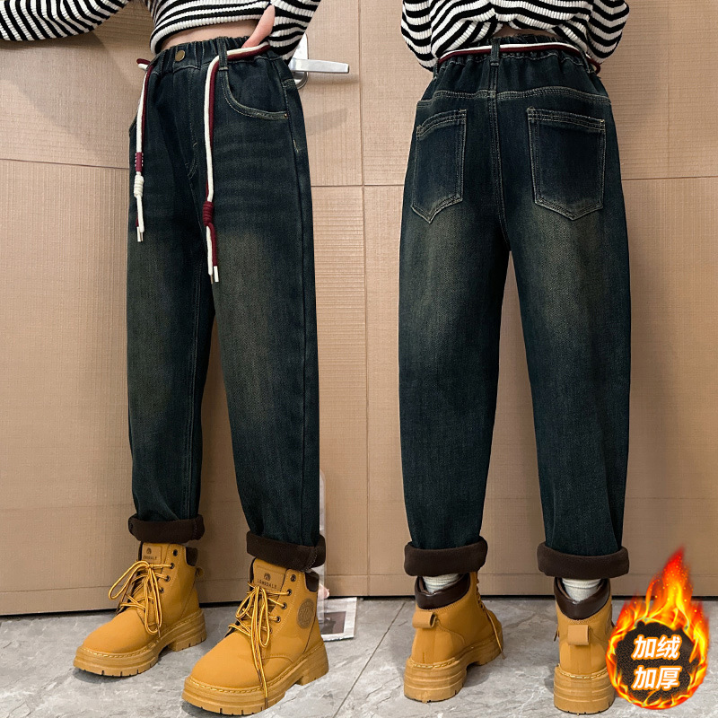 女童牛仔裤秋冬款2025新款洋气女大童冬季宽松哈伦裤儿童冬装裤子