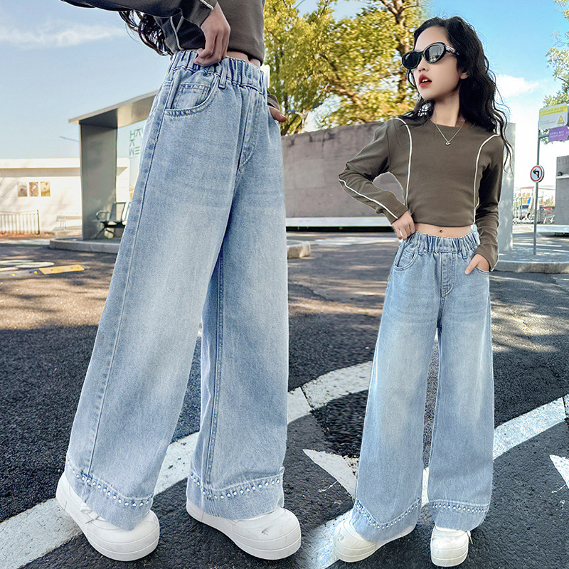 女童牛仔裤春秋小学生春天直筒阔腿裤女大童春款宽松潮酷儿童裤子