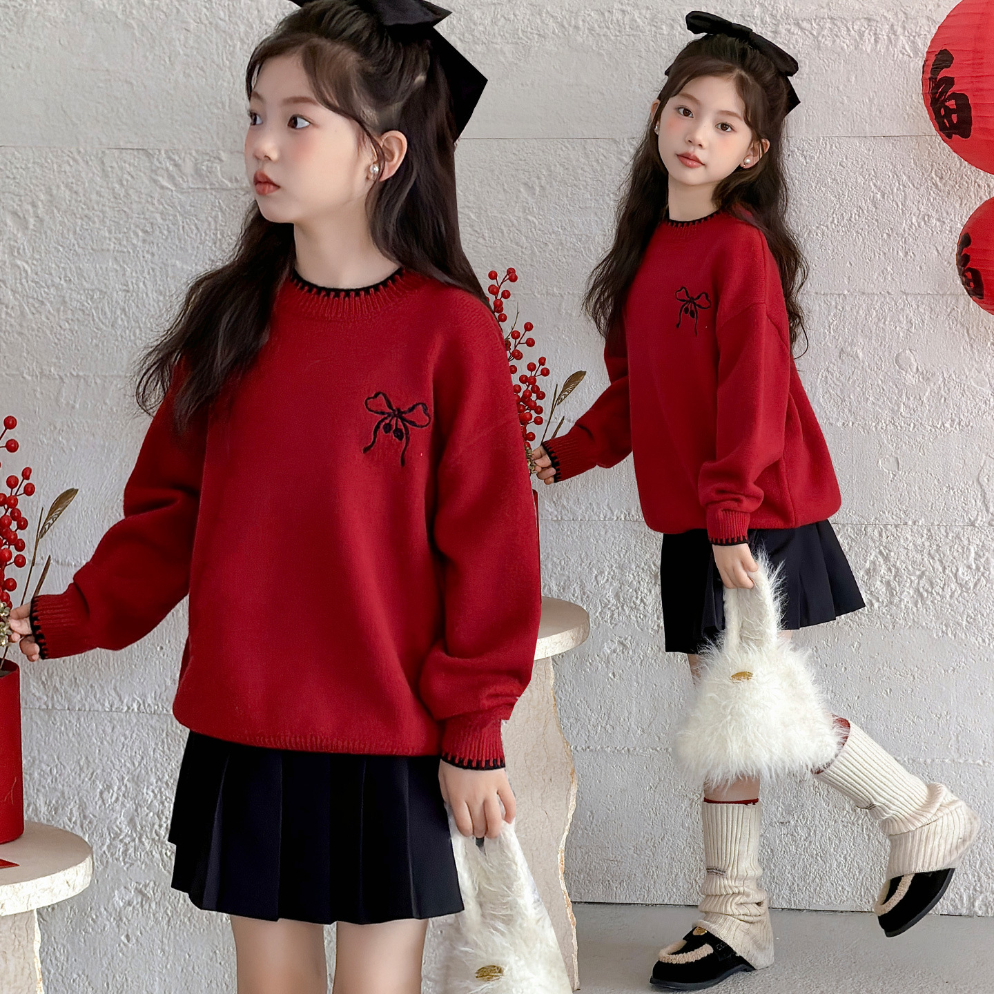 女童冬装毛衣新款儿童加厚套头针织衫红色圆领打底衫简约百搭潮流