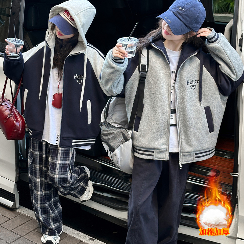 秋冬学生女童上衣秋冬装棒球服2025新款加厚夹棉撞色连帽外套
