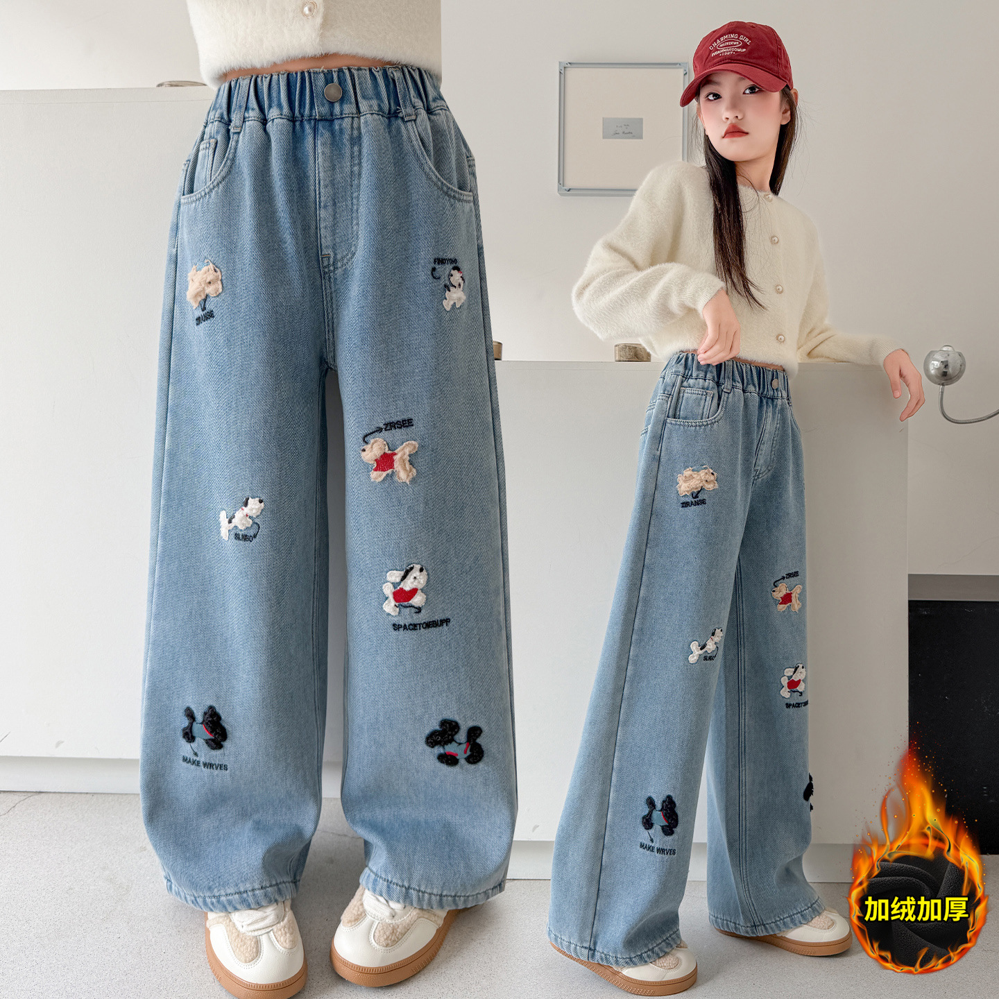 大童女装秋冬加绒牛仔裤2025新款跨境童裤冬季加厚一体绒卡通裤子