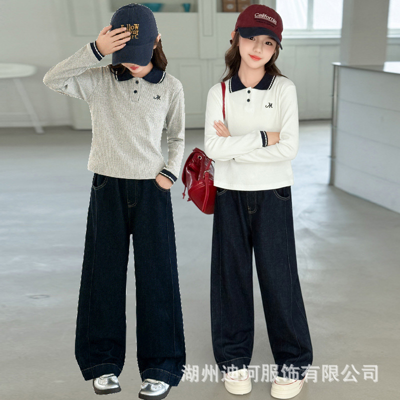 跨境女童翻领上衣2025春秋装新款打底衫儿童秋装中大童POLO衫t恤