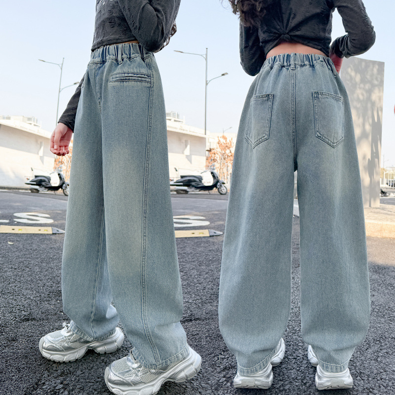 女童秋装简约直筒牛仔裤2025新款大儿童洋气休闲运动阔腿裤长裤潮