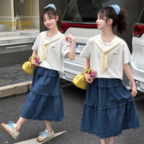 女大童夏季牛仔裙套装2026新款儿童韩系薄款中大童短袖披肩两件套
