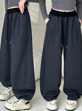 女童秋冬裤子2026新款时尚女孩韩系中大童洋气格子阔腿裤春秋长裤