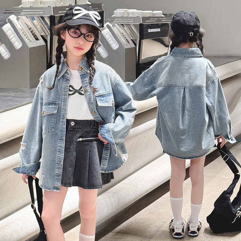 女童破洞牛仔衣外套韩范春秋款儿童时髦翻领休闲衬衫潮酷上衣