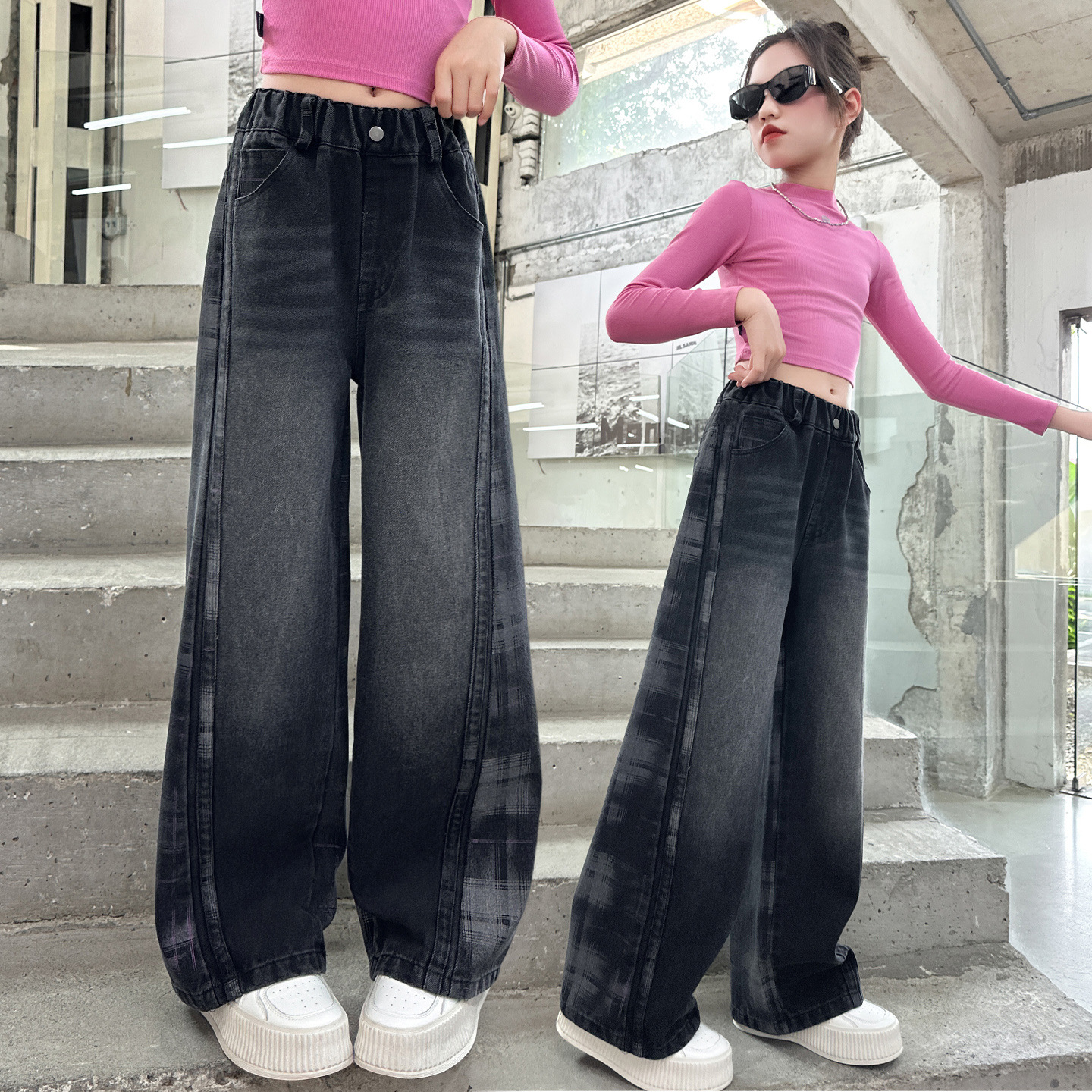 女童秋装牛仔裤2025新款儿童裤子中大童时髦秋季拼接牛仔弯刀裤潮