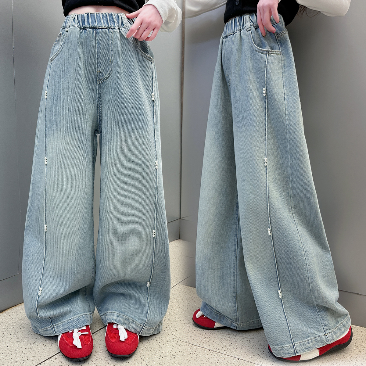 女童秋装裤子秋季新款2025儿童软牛仔阔腿裤女大童春秋时髦牛仔裤