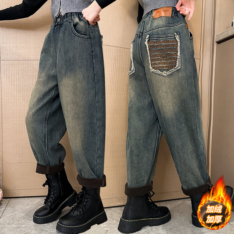 女童加绒牛仔裤秋冬2025新款中大童时髦冬款宽松加厚冬季儿童裤子