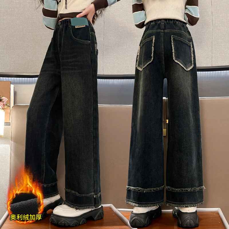 跨境童裤女童牛仔裤秋冬中大童直筒裤儿童冬季阔腿裤宽松加绒加厚