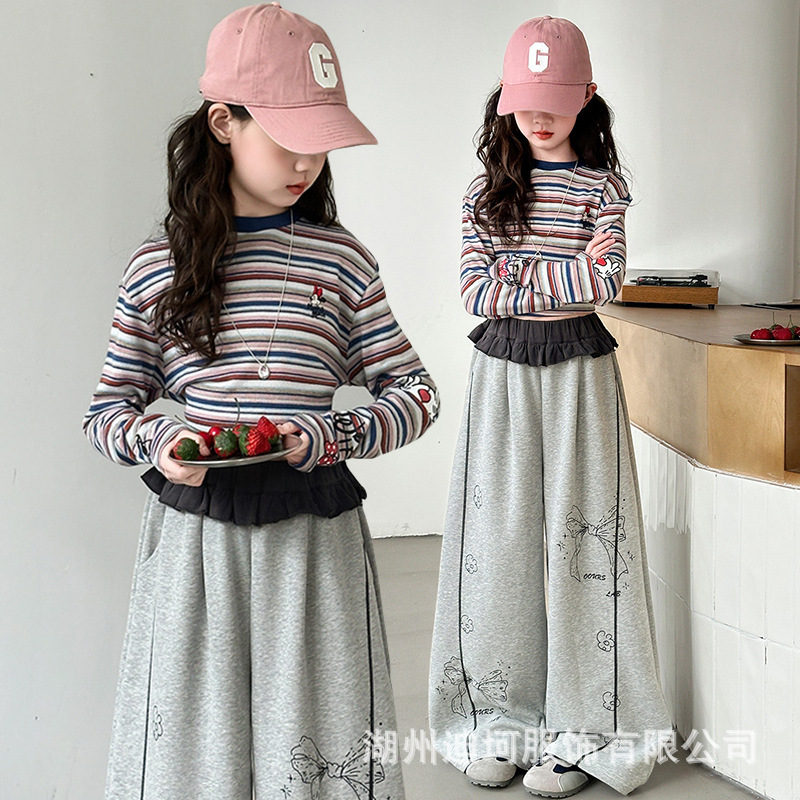 跨境女童装秋季打底衫2025新款儿童韩系大童卡通条纹T恤纯棉上衣