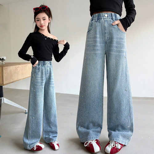 女童牛仔裤春装儿童裤子2026新款洋气超好看小女孩长裤春季阔腿裤