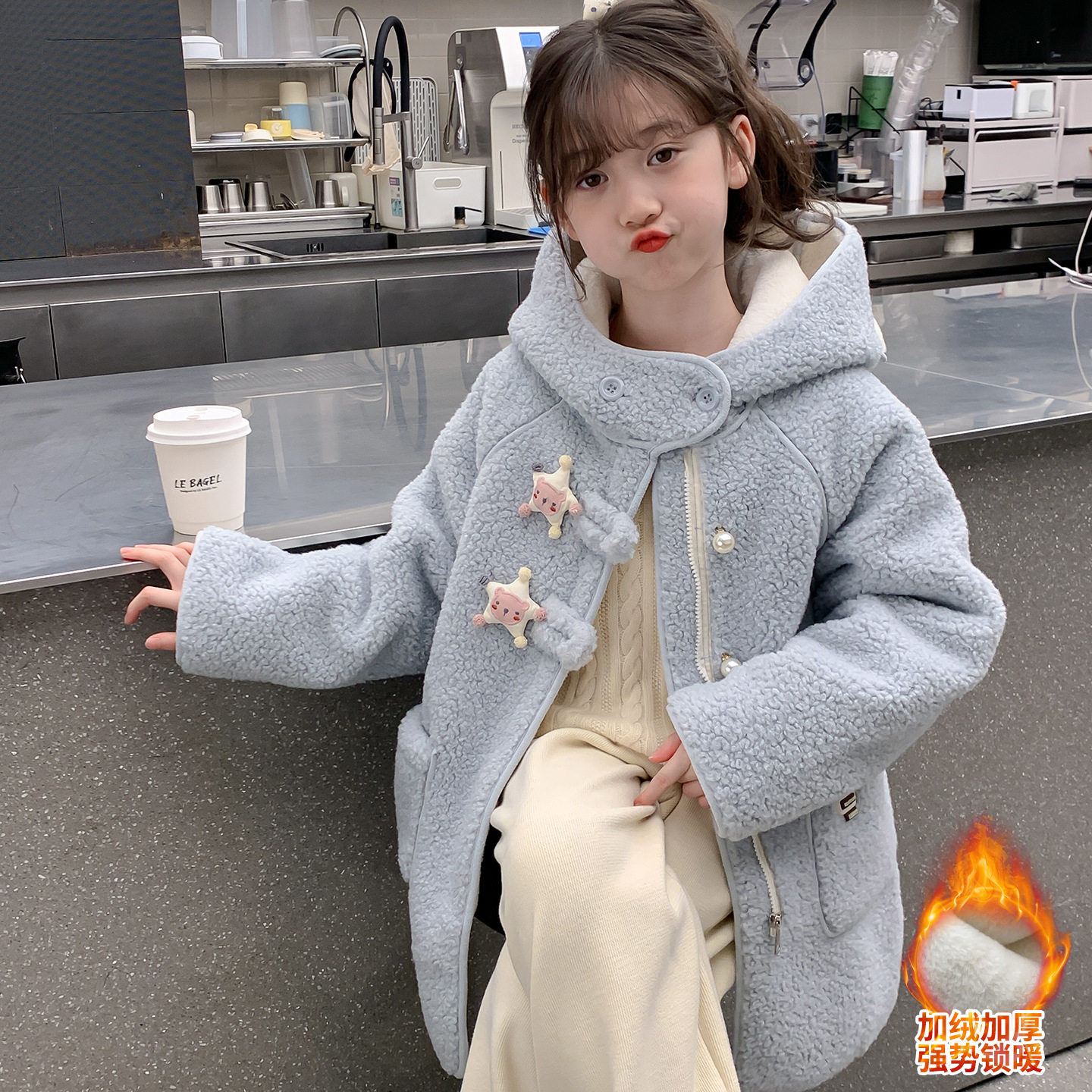 女童加绒毛毛衣2025新款儿童冬季洋气加厚保暖中长款羊羔绒外套潮