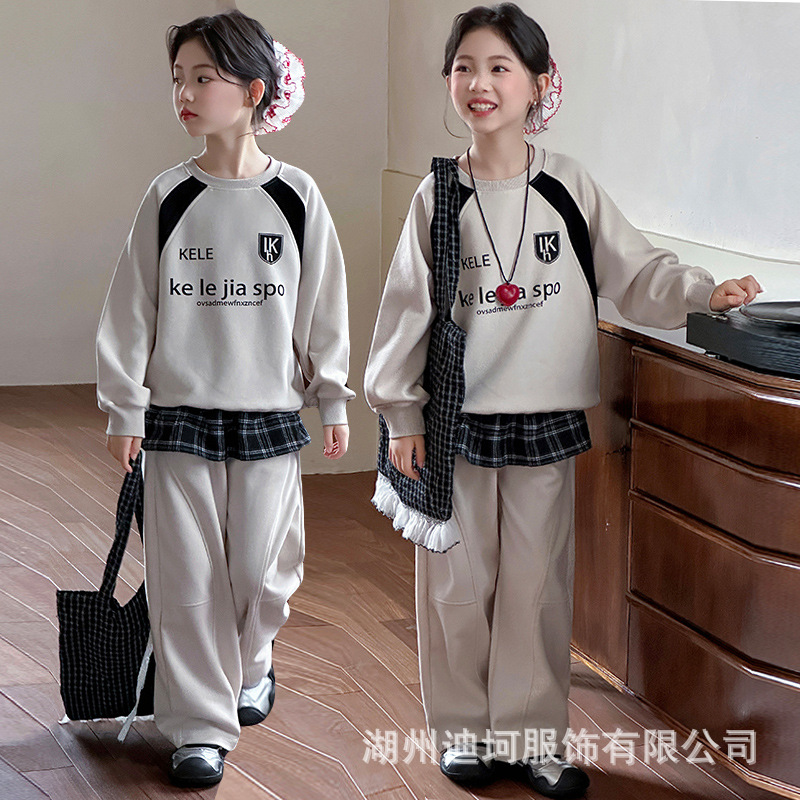 女童秋装运动套装2025新款儿童韩系大童时髦卫衣假两件卫裤两件套