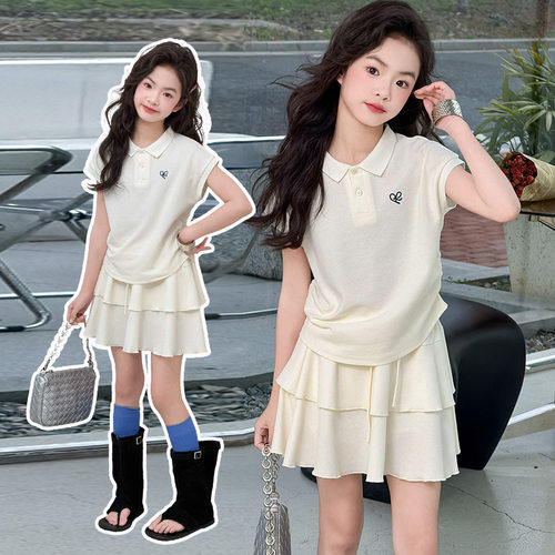 女大童夏季短袖POLO衫套装2026新款儿童薄款女孩洋气学院风两件套