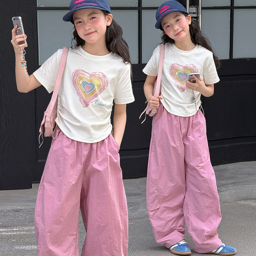 女童套装夏季多巴胺女孩衣服2026新款儿童夏装薄款短袖长裤两件套