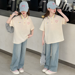 刺绣POLO衫 韩版 女大童夏季 2025新款 儿童T恤纯棉 大童夏装 女孩薄款