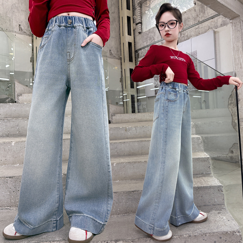 女童牛仔裤2025秋季新款大童阔腿裤春秋儿童装宽松女孩直筒长裤子