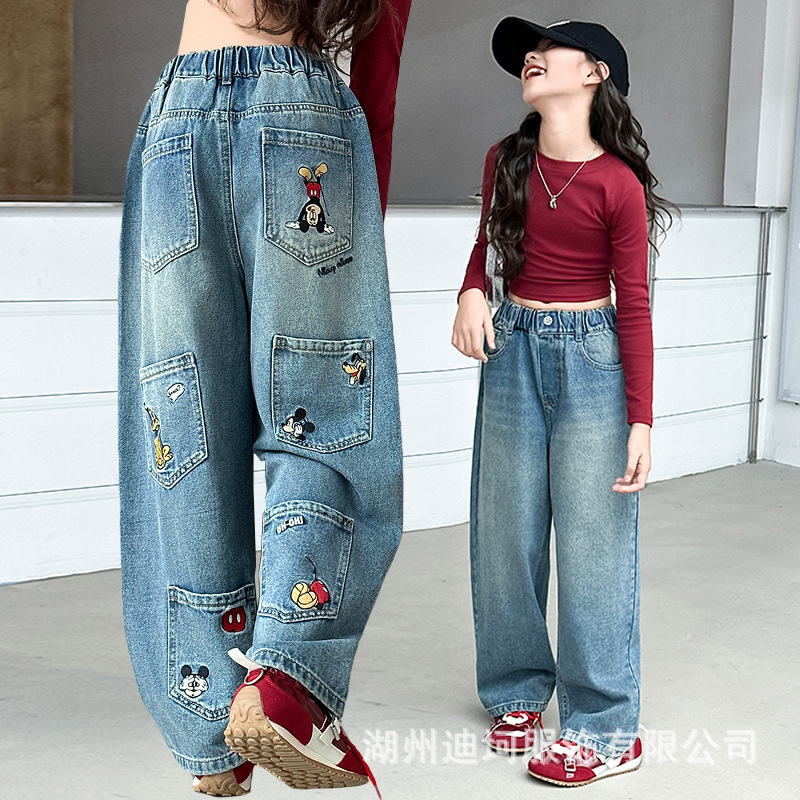 儿童2025春秋季新款中大童裤子休闲长裤洋气多口袋卡通女童牛仔裤