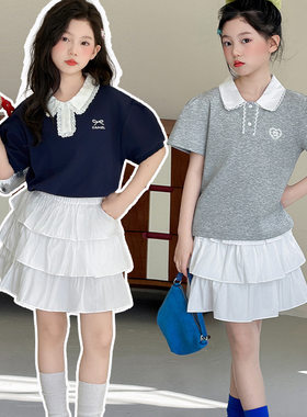 女童套装夏季短袖学院风2026新款儿童薄款中大童POLO衫蛋糕裙两件
