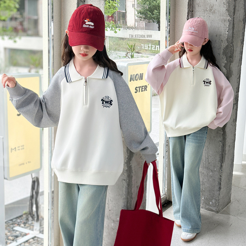 女童秋季洋气时髦polo衫长袖套装女大童春秋装儿童休闲牛仔裤潮范