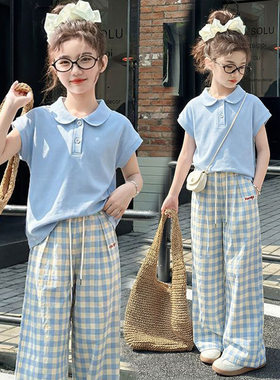 女童夏季POLO衫套装2026新款儿童夏天薄款中大童短袖格子裤两件套