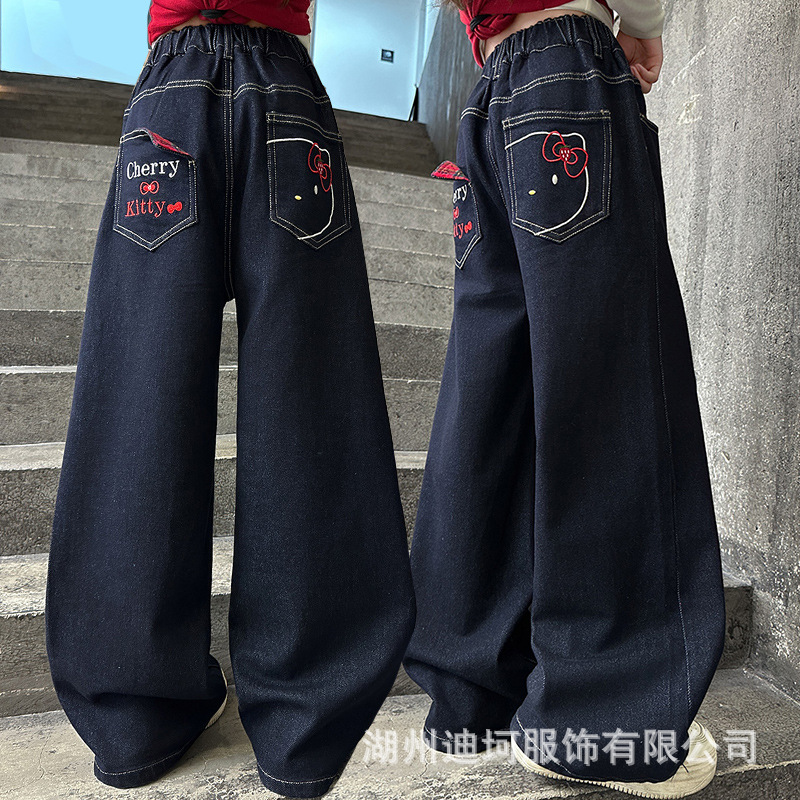 女童秋装牛仔裤2025新款秋季女大童时髦卡通猫咪刺绣儿童阔腿裤子