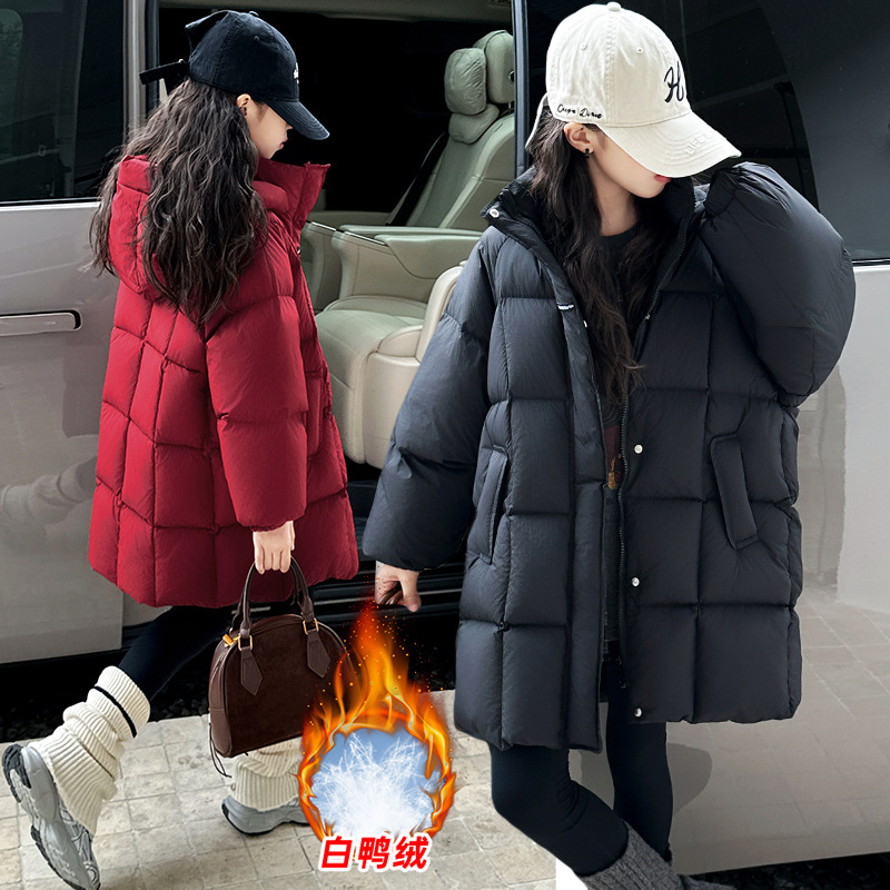 跨境女童加厚连帽羽绒服2025新款洋气儿童冬装长款宽松白鸭绒外套