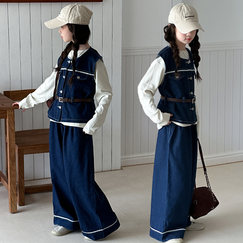 童装女童秋季牛仔套装2025新款儿童秋装洋气牛仔马甲阔腿裤中大童