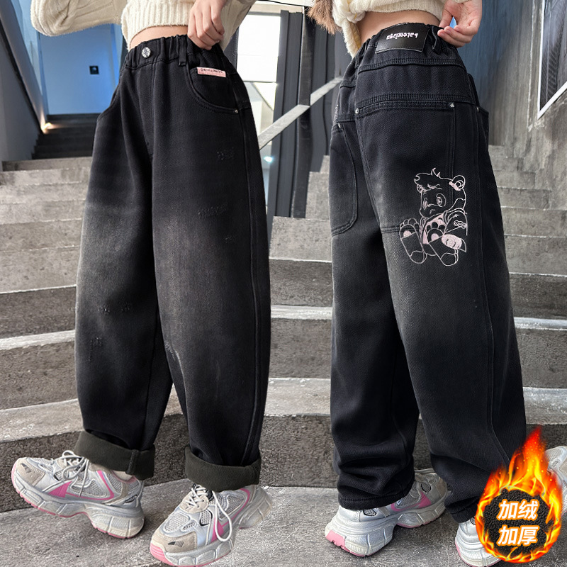 女童牛仔裤2025冬新款宽松儿童老爹裤中大童加绒洋气牛仔裤子