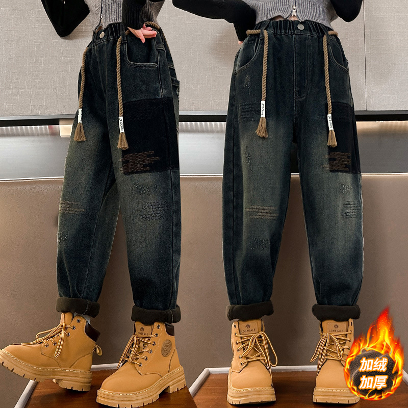 女童加绒裤子2023新款秋冬加厚牛仔裤女孩冬季长裤儿童时尚牛仔裤