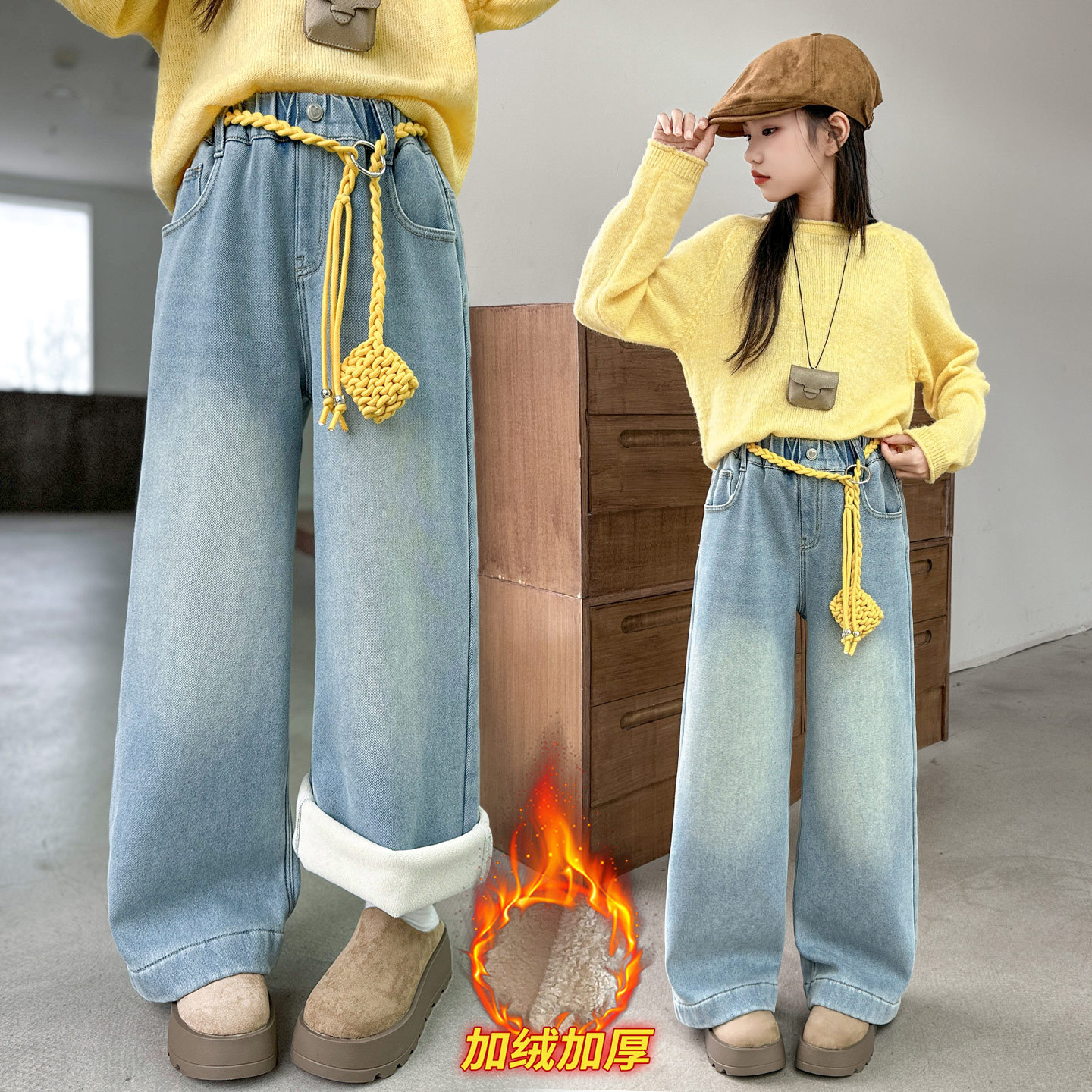 女童冬装牛仔裤加绒加厚2025新款儿童韩版中大童一体绒直筒阔腿裤