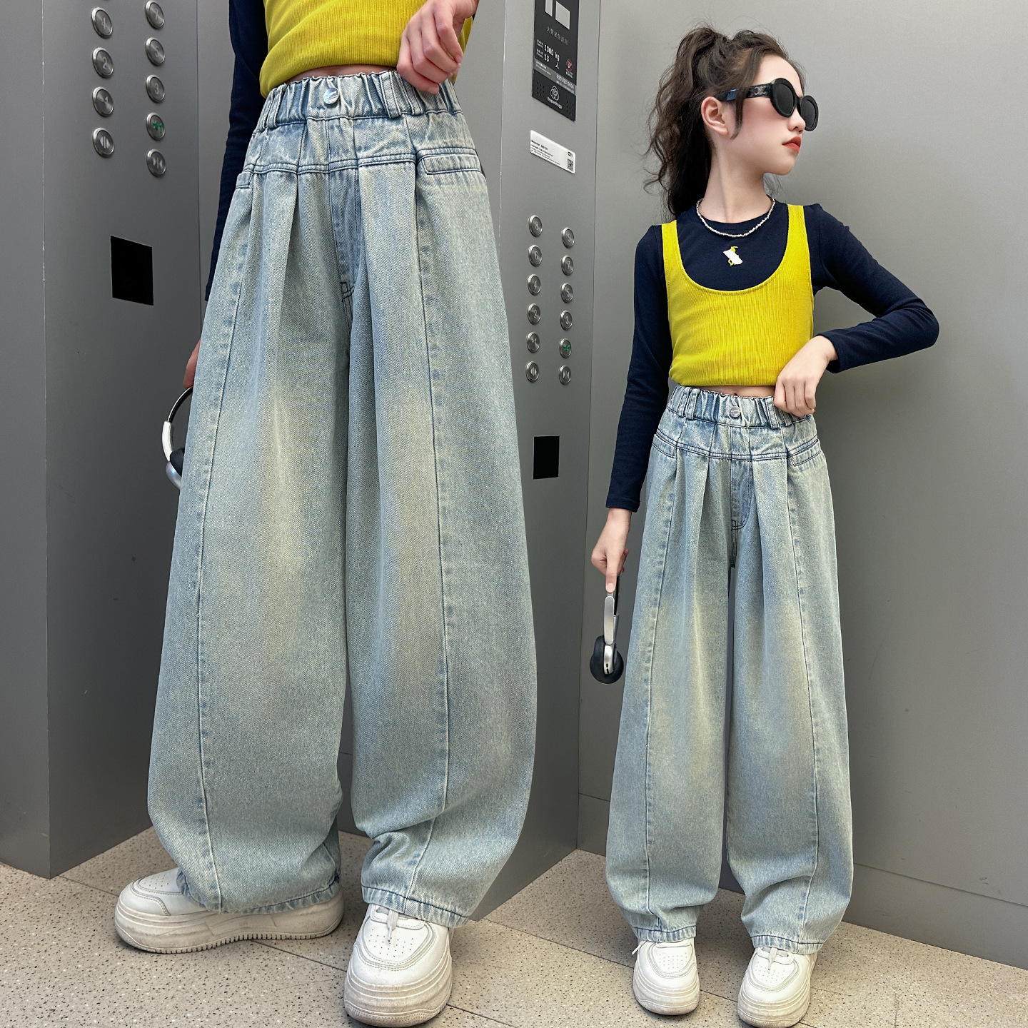 女童裤子跨境2025新款儿童纯色中大童时髦百搭牛仔裤外穿潮裤