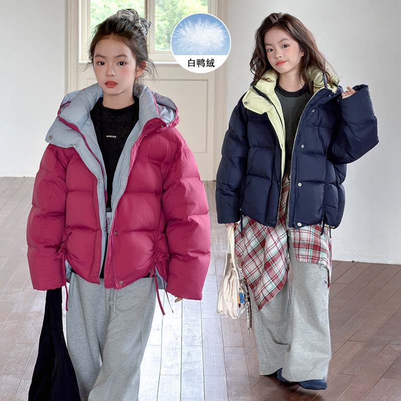 女童韩版羽绒服短款2025新款冬季儿童面包服外套加厚连帽大童鸭绒