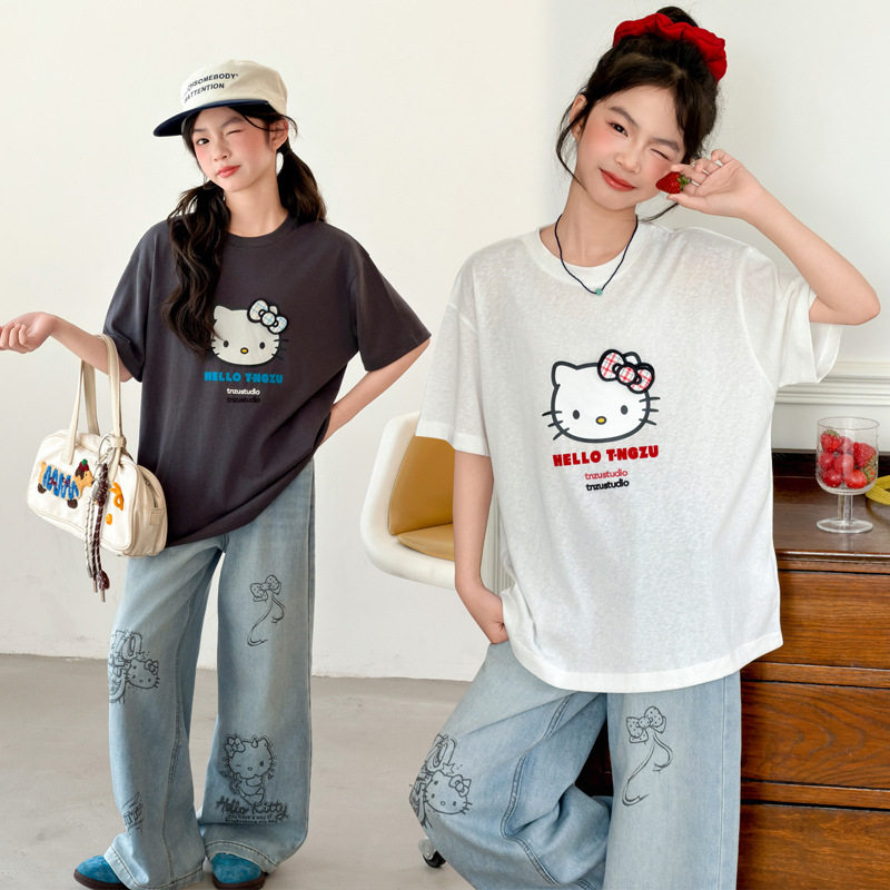 夏季女童短袖纯棉T恤网红中大童时髦卡通kitty猫圆领半袖上衣外贸
