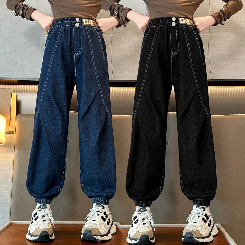 女童牛仔裤春秋款2025新款秋装女孩时尚洋气休闲束脚裤儿童裤子秋