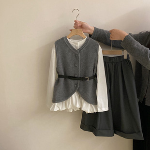 女童春秋季新款韩版套装拼接花苞打底针织马甲休闲裤三件套潮