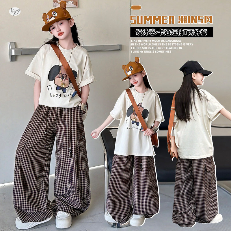 女童夏新款中大童休闲格子裤套装印花短袖T恤工装裤阔腿裤